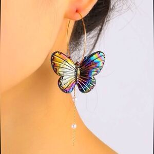 Y2K Grunge Fairycore Forestcore Holographic Butterfly Faux Pearl Huggie Earrings